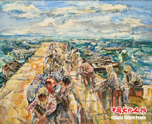吴晓林油画《掰扇贝》
